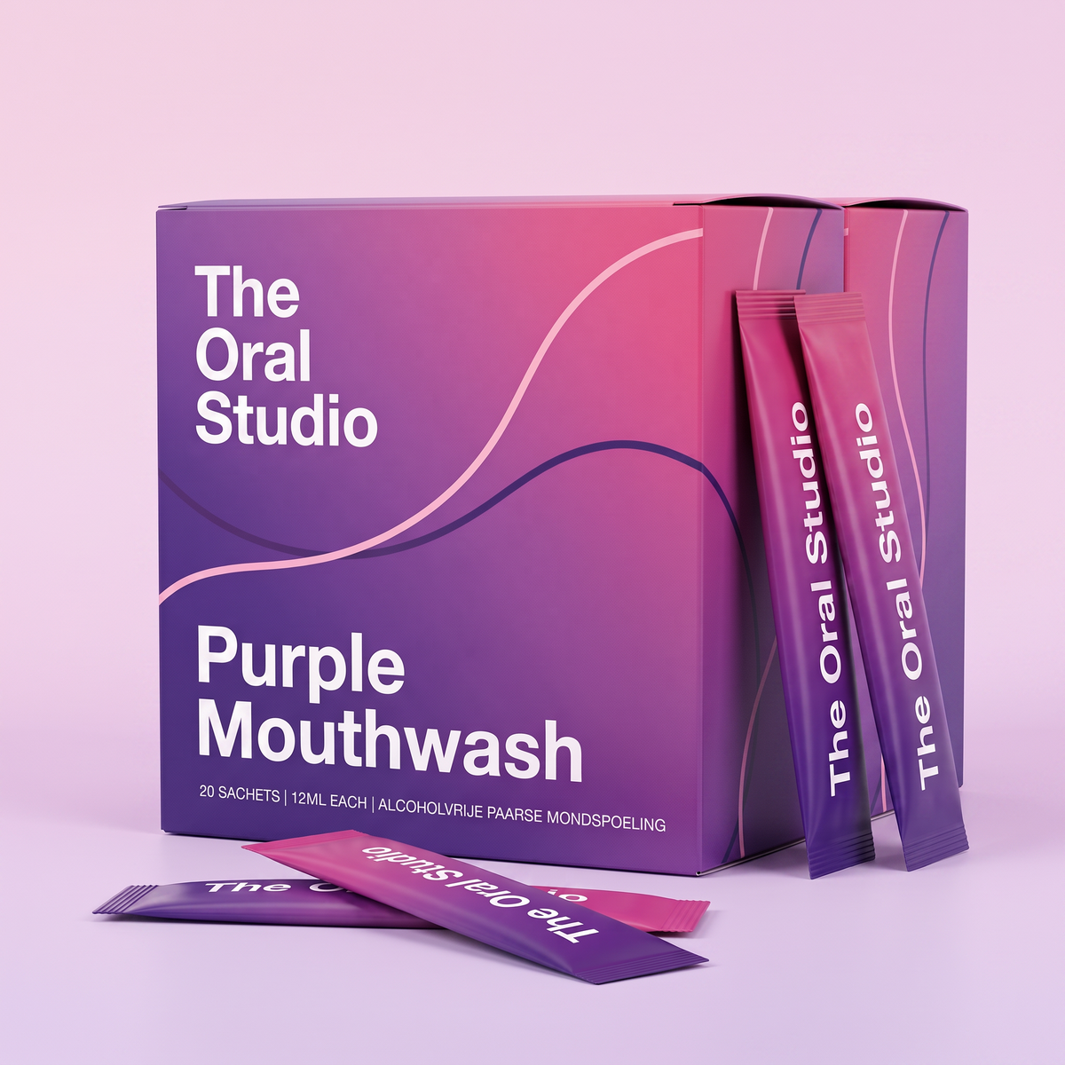 Drie dozen Purple Mouthwash naast elkaar met losse sachets